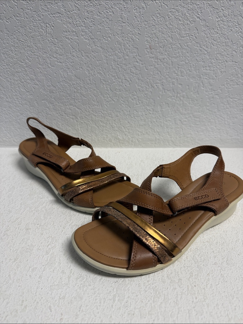 Ecco Brown Leather Slingback Sandals with Bronze Metallic Strap 38